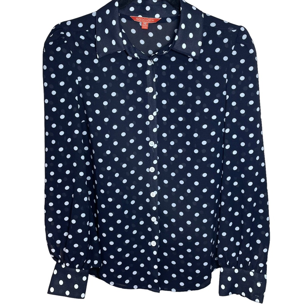 ModCloth Be Buzzworthy Button-Up Top Dotted Blouse Black White Career‎ Size XS